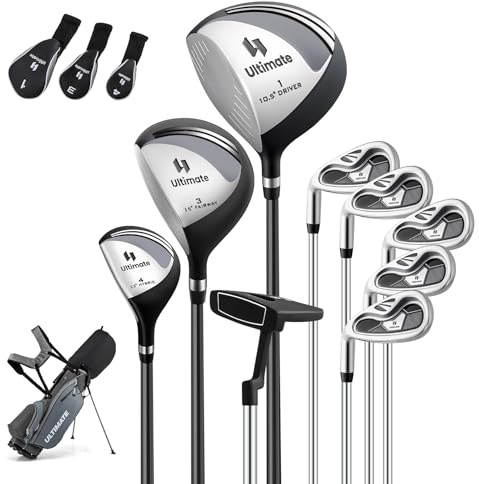 GYMAX Ensemble Complet de Clubs de Golf pour Homme Gaucher, Driver #1, Fer #6, #7, #8, #9 et P, Putter, Sac Trépied Portable avec Housse Anti-Pluie, Base Antidérapante (Gris)