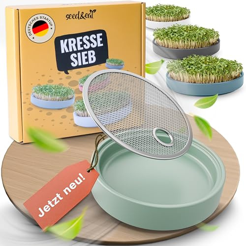 seed&eat Kressesieb (13cm), Anzuchtschale für Kresse & Microgreens, mit Sprossenheft [E-Book], Keramikschale + Edelstahlsieb