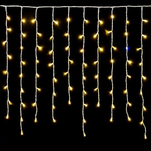 Elektronova Tenda Luminosa 120 LED, 3Mt, Luce Giallo, Cavo Bianco, IP65, Prolungabile, Effetto Flash, Con fili pendenti a lunghezze alternate (30–70–40–60 cm) per effetto a cascata