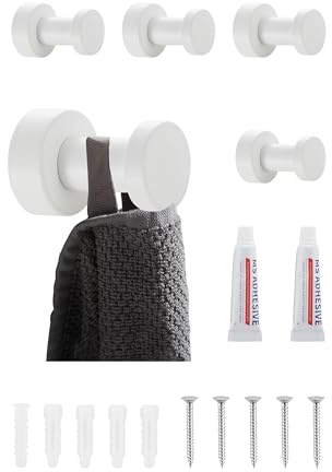 BGL Wandhaken weiß - Set mit 5 Stück | Rostfreie Metall- Handtuchhaken für Bad & Küche | Selbstklebend oder zur Wandmontage