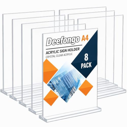 Deefongo A4 Tischaufsteller, 8 Stück, T-Ständer Klares Acryl Plexiglas | A4 Acryl T-Aufsteller, 8er Pack, transparent, Plexiglas, für Werbung & Menükarten