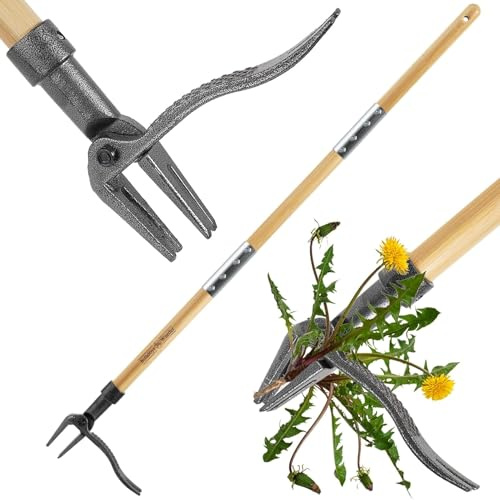 BellaJoyz - Estrattore per erbacce, con manico lungo e testa in acciaio a 4 artigli, design con palo a 3 sectioal, strumento per diserbo da giardino, rimuove facilmente le erbacce senza piegarsi