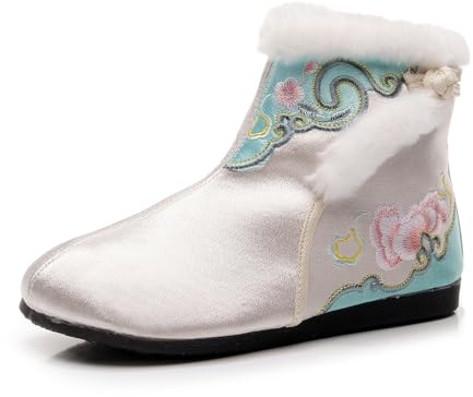 Stivaletti da Donna in Raso con Fiori Ricamati Scarpe Invernali Cheongsam in Stile Hanfu, Calde E Foderate in Peluche Stivaletti Corti Eleganti in Stile Tradizionale Cinese(White,37 EU)