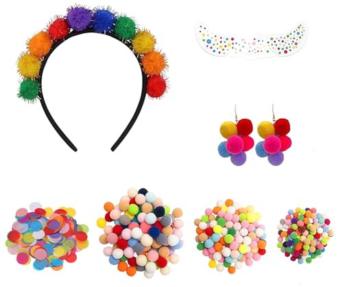 RAOPNHS 7 Stück Konfetti Kostüm Damen Set, Konfetti Haarreif, Regenbogen Ohrringe, Gesichtssticker, 3 Pack Pompons zum Basteln, Konfetti, Fasching Verkleidung DIY für Junge Mädchen Party