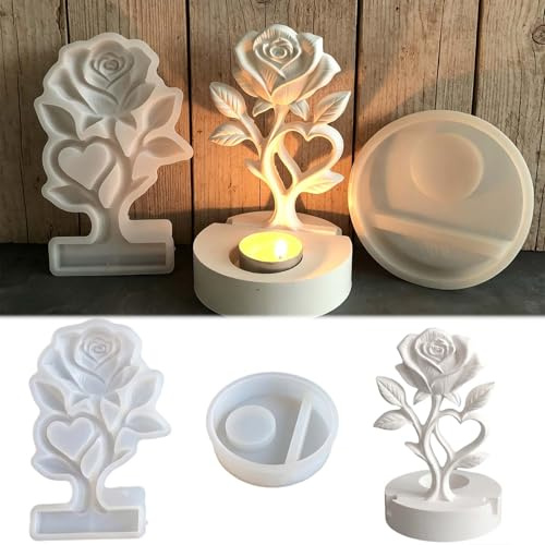 2 Stück Silikonformen Rose FORMVERSITY, Silikonformen Gießformen Blumen Kerzenformen Silikon Blumen, Gießen Formen Rose Blume Gießformen Silikon Kerzenhalter Herz mit Basis für Bastelarbeiten