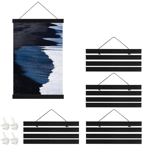 TIANLIN 4 Stück Posterleiste A4, 21 cm Holz-Schiene Schwarz, Magnetische Posterschiene mit Aufhängekordel & Unsichtbaren Bildnägeln – zum Aufhängen von Poster, Fotos & Kunstdrucke