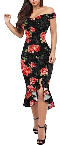 Damsommarklänning 2026 Volang Axelbas Lös Dam Kalla Blommor Slits Enkel Klänning Mode Vanlig Kortärmad Sexig(Hot Pink,M)
