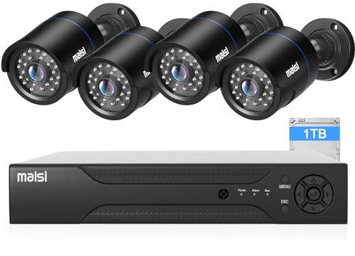 Maisi HD CCTV Camera System, 8 Channel 3K Security DVR with 4PCS 5MP Outdoor Bullet Cameras and 1TB Hard Drive (2560x1920p, Night Vision (4 Cam)