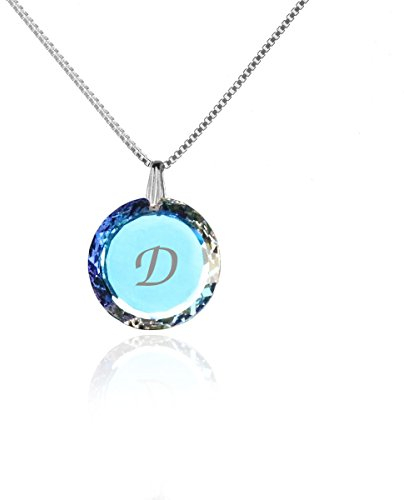 Individuelle Damen Halskette 925 Sterling Silber erstellt mit Swarovski Elements Anhänger Blue AB und Gravur D als Geschenk Muttertagsgeschenk Geburtstagsgeschenk für die Frau oder Freundin