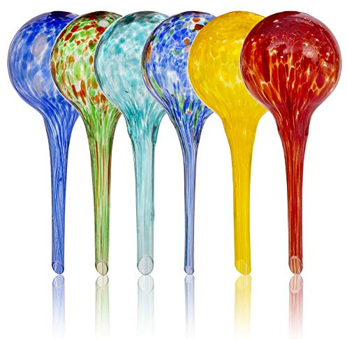Besti Large Self Watering Globes for Plants (6-Pack) Waters Greenery Up to 2 Weeks Hands Free | Durable, Multicolored Glass Craftsmanship | Indoor and Outdoor Use - Measures 12” x 3.5”
