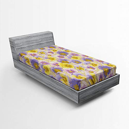ABAKUHAUS Floral Fitted Sheet, Hand Drawn Pansy Garden, Soft Decorative Fabric Bedding All-Round Elastic Pocket, 90 x 200 cm, Lavender Lilac Yellow