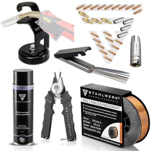 STAHLWERK MIG/MAG Schweißzubehör AK25/MB25 Starter-Set mit Schweißdraht | 25AK Verschleißteile, Brennerhalter mit Magnetfuß, Trenn- und Pistolenspray, Düsenreiniger mit Feile