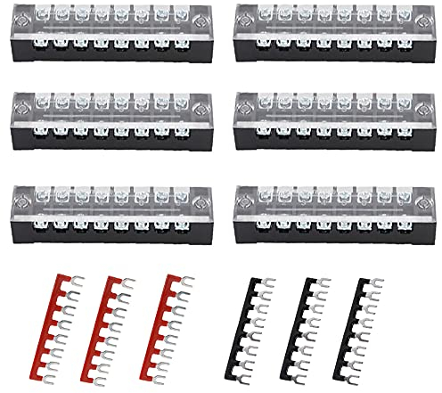 Ruidee 6 Stück Schraubklemmenblock Doppelreihige 8 Position Klemmenleiste 600V 25A + 6 Stück 8 Positionen Vor Isoliert Terminal Barrier Strip Rot/Schwarz 400 V 25A(DTB2508)