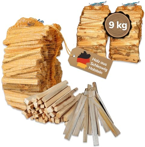 Landree Anfeuerholz, Anzündholz 9 kg (3 Netze a 3 kg) ca 20cm Scheitlänge, Nadelholz, trockenes und sofort einsetzbares Brennholz für Kamin und Ofen, Qualität aus Schleswig Holstein