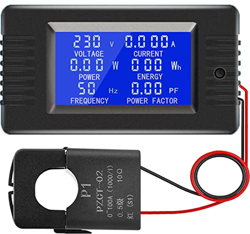 AC 80-260V 100A Current Voltage Amperage Energy Meter Monitor, Power Consumption Electricity Usage Multimeter Digital LCD Display Home Ammeter Voltmeter with Open CT