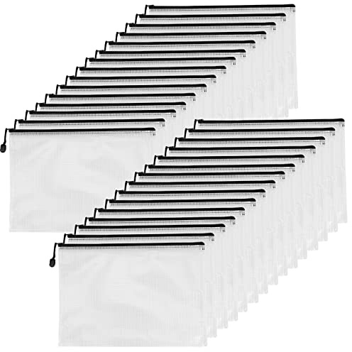 MANCHAP 30 Pack A4 Plastic Zip Wallets Folders, Mesh Zip Pouch Document Bag, A4 Zipper File Bags Plastic File Wallet for Office, Travel, Black Border, 33x23cm