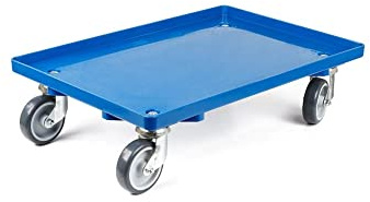 Transportroller für Euroboxen 60x40cm mit Gummiräder blau | Geschlossenes Deck | 2 Lenkrollen & 2 Bremsrollen | Traglast 300kg | Kistenroller Logistikroller Rollwagen Profi-Fahrgestell