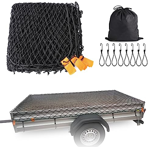 MICTUNING Anhängernetz 2x3M-Hängernetz Transportnetz Elastisch mit 8 Haken und Eckenmarkierung-zur Ladungssicherung
