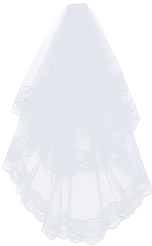 BYNYXI Brautschleier Doppel Schicht, 80cm Weiß Brautschleier Spitze Schleier Kurz mit Kamm Hochzeitsschleier Elegante Brautschleier Haarschleife Schleier für Hochzeit Junggesellinnenabschied Party