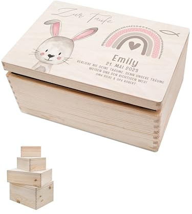 wunderwunsch - Personalisierte Erinnerungsbox Baby mit Hochwertigem Druck - Individuelle Erinnerungsbox - Niedliche Erinnerungskiste aus Holz - Geschenk zur Geburt Hase S-Klappdeckel