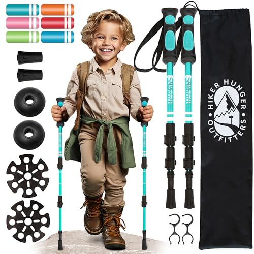 Kids Hiking Poles by USA Brand - Lightweight Collapsible Kids Walking Stick w/Quick Adjustable Flip Locks (Teal)