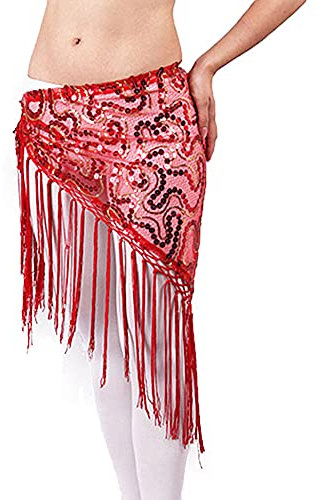 QUNINE Bauchtanz-Kostüm, Bauchtanz-Kleidung, Damen-Tanzkleidung, Lange Fransen, handgehäkelter Dreiecksgürtel, Bauchtanz-Hüfttuch, Pailletten, Bauchtanz-Rock (rot)