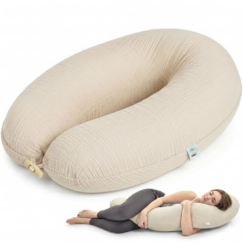 sei Design Stillkissen XXL 190x35 cm, Natur Kapok, Musselin Bezug aus Bio-Baumwolle, Schwangerschaftskissen, Füllmenge anpassbar, ergonomisch geprüft