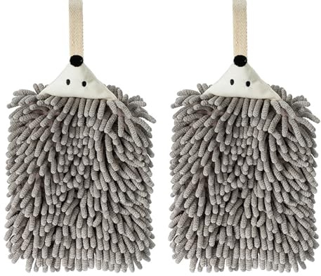 Soulnioi Küchenhandtücher, niedliche Tier-Geschirrtücher, Mikrofaser-Reinigungstuch, saugfähiger Waschlappen mit Aufhängeschlaufe für Küche und Bad – Igel, grau