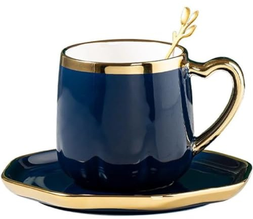 FülleMore Goldrand Keramiktasse mit Untertteller und Löffel 300ml Kaffeetasse Moderne Espressotasse mit Herzhenkel Kaffeeservice für Cappuccino,Latte,Espresso,Americano,Mokka,Tee (Blau)