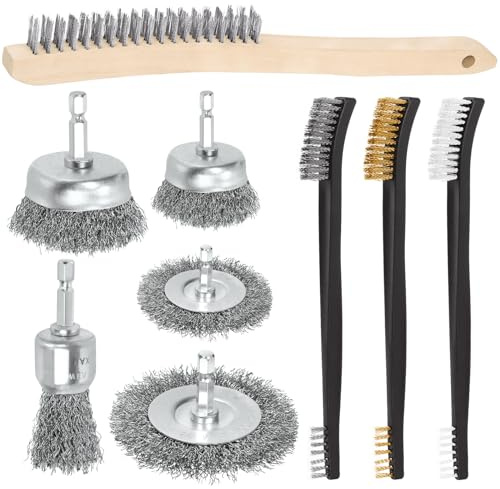 Swpeet Pequeño juego de 9 cepillos de alambre para rascar, incluye 1 cepillo de alambre de acero inoxidable, 5 cepillos de copa de alambre para rueda de alambre y 3 mini cepillos de alambre para la