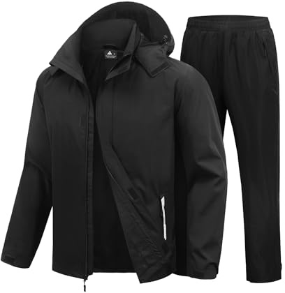 SWISSWELL Rain Suits for Men Waterproof Lightweight Windbreaker Jacket and Pants with Detachable Hood for Golf Hiking Travel Black M