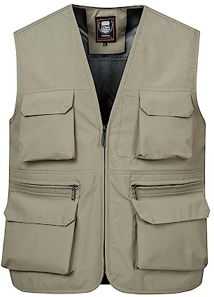 Harbrosrce utomhusfiskeväst för män med flera fickor användbarhet västar fritid ärmlös jacka lätt väst för resor skytte safari jakt fotografi, Khaki, XL