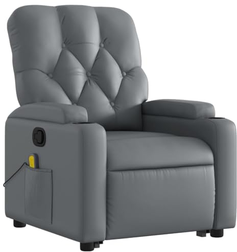 vidaXL Massagesessel, Sessel mit Aufstehhilfe, Relaxsessel mit Liegefunktion Vibrationsfunktion, Fernsehsessel Liegesessel Aufstehsessel, Grau Kunstleder