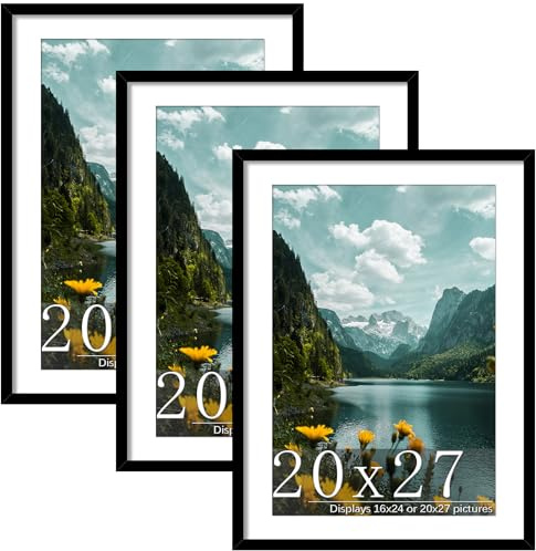 Picrit 20x27 Picture Frame 3 Pack, Black Puzzle Frame, Display Poster 16 x 24 with Mat or 20 x 27 without Mat for Horizontal or Vertical Wall Mounting