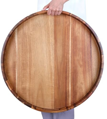 Extra großes 50,8 cm großes Tablett aus hochwertigem Akazienholz, rundes Ottoman-Tablett mit Griffen, Serviertablett aus Holz, vielseitig einsetzbar für Abendessen, Frühstück im Bett, Couchtisch,