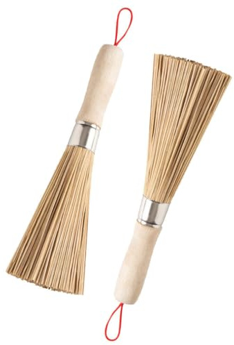 Wisafory Bambus Wok Bürsten Reinigung Topf Bürste Reinigungsbürsten Küchenbürste mit Schnur Langen Griff Wok Bürsten Schneebesen Bratpfanne Bürsten für Hause Restaurant 2 Stück