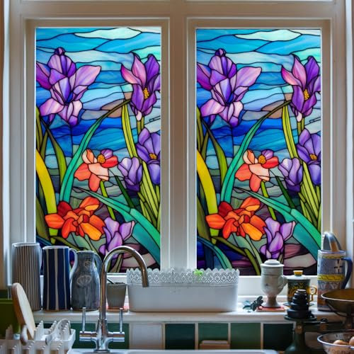 Milchglasfolie Lila Blume Blau Fensterfolie Blickdicht Fenster Sichtschutzfolie Milchglasfolie Selbstklebend Fenster Milchglasfolie Fenster Sichtschutzfolie Fenster Folie für Fenster 60x100cm/2 Pcs