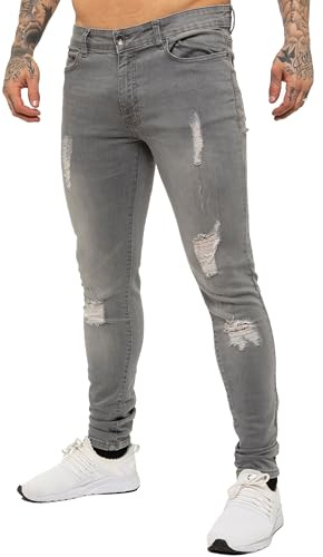 989Zé ENZO Skinny Stretch Fit Pant Jeans Pantalones Rasgados para Hombre EZ383 Gris 36W / 32L