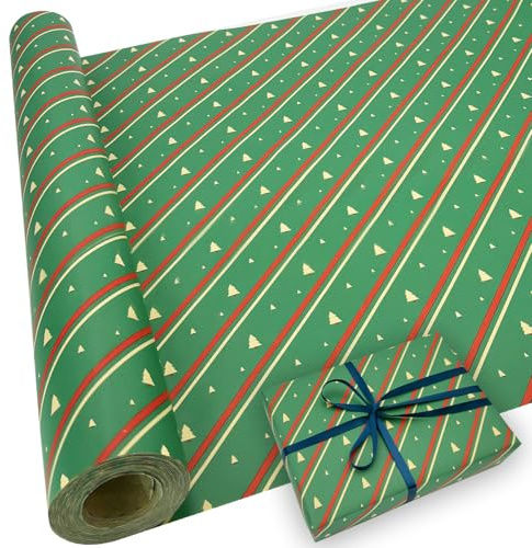 Papel de regalo Kraft navideño: paquete de rollos de papel de regalo reciclable con diseño festivo verde de 43cm x 15m
