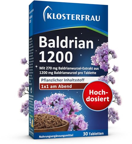 Klosterfrau Baldrian 1200 | mit hochdosiertem Baldrianwurzel-Extrakt | B-Vitamine tragen zu einer normalen Funktion des Nervensystems bei | Zur Unterstützung eines ruhigen Schlafs | 30 Tabletten
