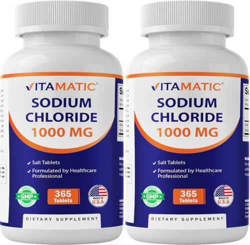 Vitamatic Sodium Chloride 1000mg – 365 Tablets -2 Bottles Electrolyte Replenisher & Hydration Support – Non-GMO, Gluten-Free