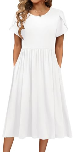 HOTOUCH Women Dress Elegant Tunic Dress Round Neck Casual Dresses Short Sleeve Puff A Line Dresses Classic Midi Dress with Pockets White S