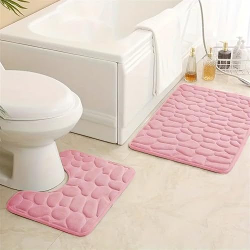 GIBZ Badematte Set 2 Teilig Einfarbig Badezimmerteppiche Korallenvlies Badteppich Saugfähig Weich rutschfest Toilettenmatte Rosa 50 * 80CM+U50*40CM