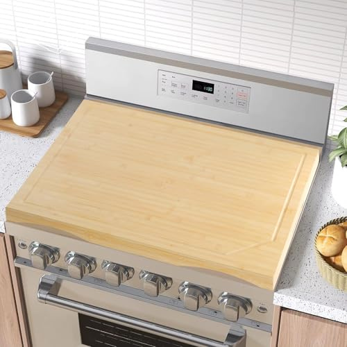 Whemyreat Cubierta de estufa de gas con asas, cubierta de estufa de bambú para fideos, cubierta de estufa de gas, protector de encimera de cocina de bambú con patas y ranuras para jugo, 75 x 55 cm