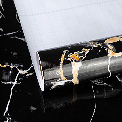 TOTIO 32x315in Ultra-wide Black Marble Vinyl Wrap Dark Granite Effect Vinyl Self Adhesive Wallpaper Glossy Thicken Countertop Contact Paper Peel and Stick Waterproof Oil-Proof Kitchen Worktop Covering