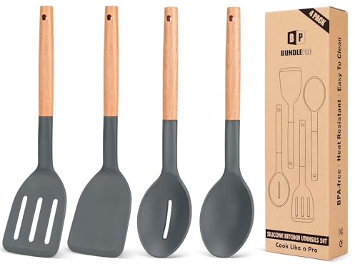 Juego de 4 utensilios de cocina de silicona, espátulas sólidas antiadherentes y cucharas ranuradas resistentes al calor con mango de madera, juego de utensilios de cocina de madera ideal para freír