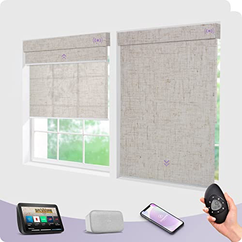 Motorized Smart Dual Roller Shades for Window Blackout & Light Filtering Rechargeable Electric Double Roller with Remote Control Compatible with Alexa and Google Linen Beige