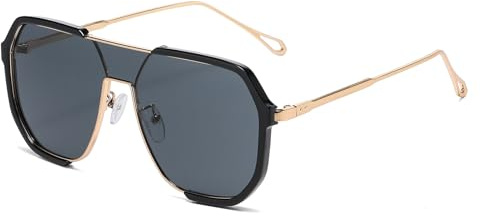 LJCZKA Occhiali da Sole Quadrati Grandi Donna Uomo Anni '70 Pilota Montatura Metallo Retrò Doppio Ponte Occhiali da Sole Moda Protezione UV400 (Oro Nero Grigio)