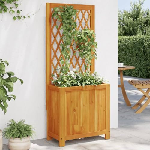 IKAYAA Jardinera con Enrejado Acacia Maciza Jardinera con Celosía Blanco Macetero con Soporte para Flores Plantas en Exterior Terraza Jardín Balcón 55 x 29.5 x 132 cm