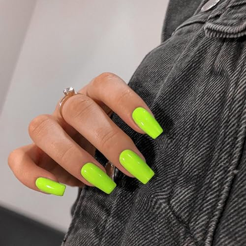 SXVME Neon Green Press on Nails Long Square, Lime Green False Nails Medium Coffin, Glossy Gel Fake Nails Press ons, Sheer Color Square Tip Sheer Gel Stick on Nail for Women, 24 Pcs